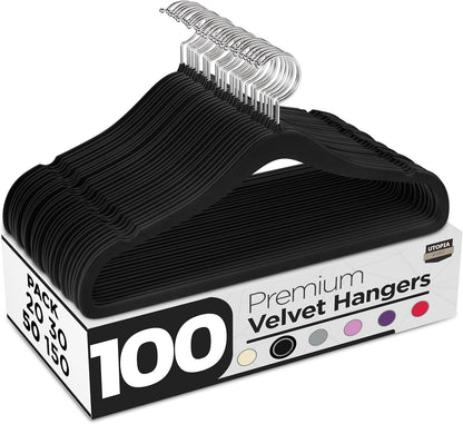 Utopia Home Velvet Hangers - 100 Pack Luxury Non-Slip Slim Coat & Pant Hangers | Strong Space-Saving Design, Black
