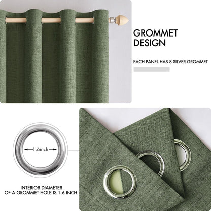 MIULEE 100% Blackout Linen Textured Curtains - Thermal Insulated Olive Green Drapes | 52 x 54 Inch (2 Panels)