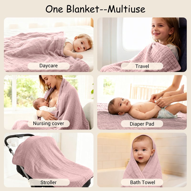ZPECC Muslin Baby Blanket Thicker, 30x40 Organic Cotton Newborn Receiving Quilt Hypoallergenic for Baby Essentials Swaddle Crib Stroller, Pink