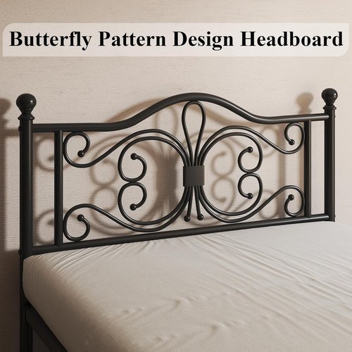 LOEWAY Queen Size Metal Bed Frame - Stylish Butterfly Pattern Headboard, No Box Spring Needed, Easy Assembly, Black