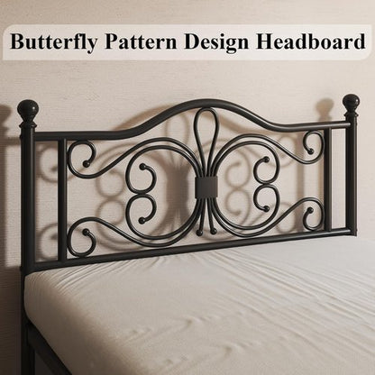 LOEWAY Queen Size Metal Bed Frame - Stylish Butterfly Pattern Headboard, No Box Spring Needed, Easy Assembly, Black