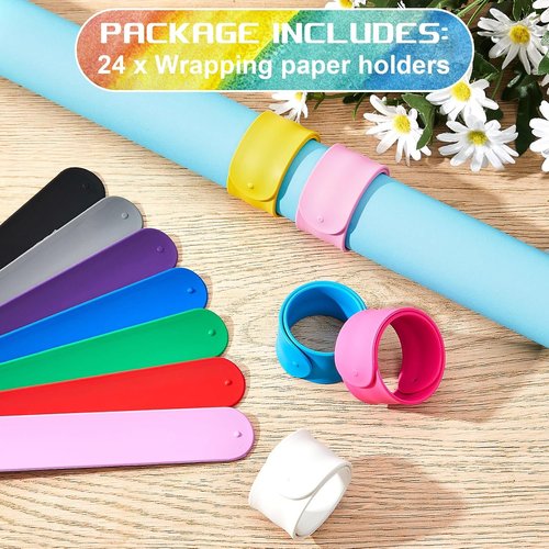 Leyndo Wrapping Paper Roll Holder Clips - 24 Pcs Silicone Snap Bands with Metal Strips | Multi-Color 1 x 9 in