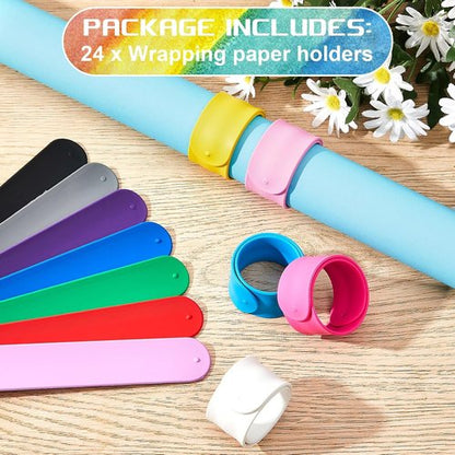 Leyndo Wrapping Paper Roll Holder Clips - 24 Pcs Silicone Snap Bands with Metal Strips | Multi-Color 1 x 9 in
