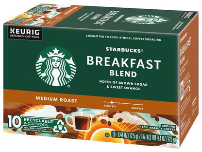 Starbucks Coffee K-Cup Pods, Breakfast Blend Medium Roast, Ground Coffee K-Cup Pods for Keurig Brewing System, 10 CT K-Cup Pods Per Box (Pack of 3 Boxes)