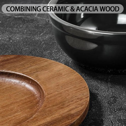 Artena Chip and Dip Serving Set - 12 oz Solid Ceramic with Acacia Tray & Black Dipping Bowls