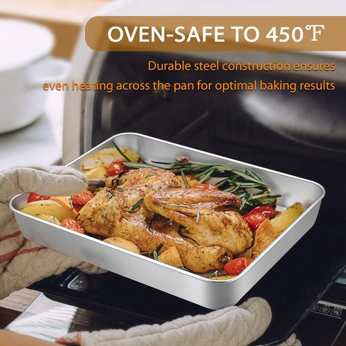 E-far Stainless Steel Baking Pans Set of 3 | Non-Toxic Rectangle Bakeware for Cakes, Lasagna & More - 12.5/10.5/9.4 Inch