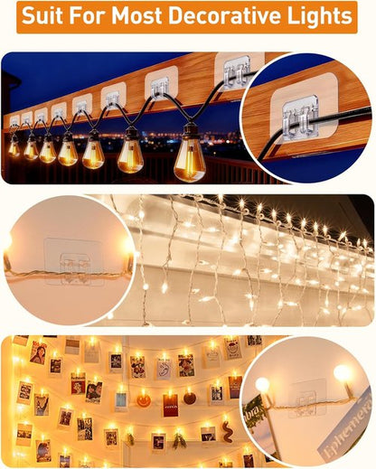 AGPTEK Heavy Duty Hooks for Outdoor String Lights - 100Pcs Clear Adhesive Cable Clips for Christmas Decor