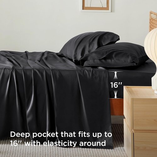 Bedsure Cooling Twin Sheets - Breathable & Soft Rayon from Bamboo | Deep Pocket Up to 16 Inches, Black