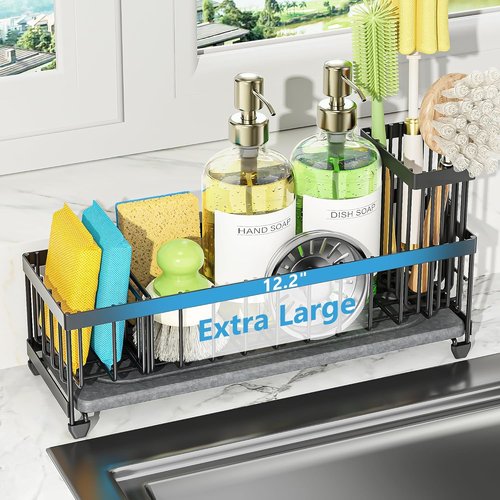 Cisily Extra Large Sink Caddy Organizer - Black Sponge & Dish Brush Holder for Kitchen Essentials
