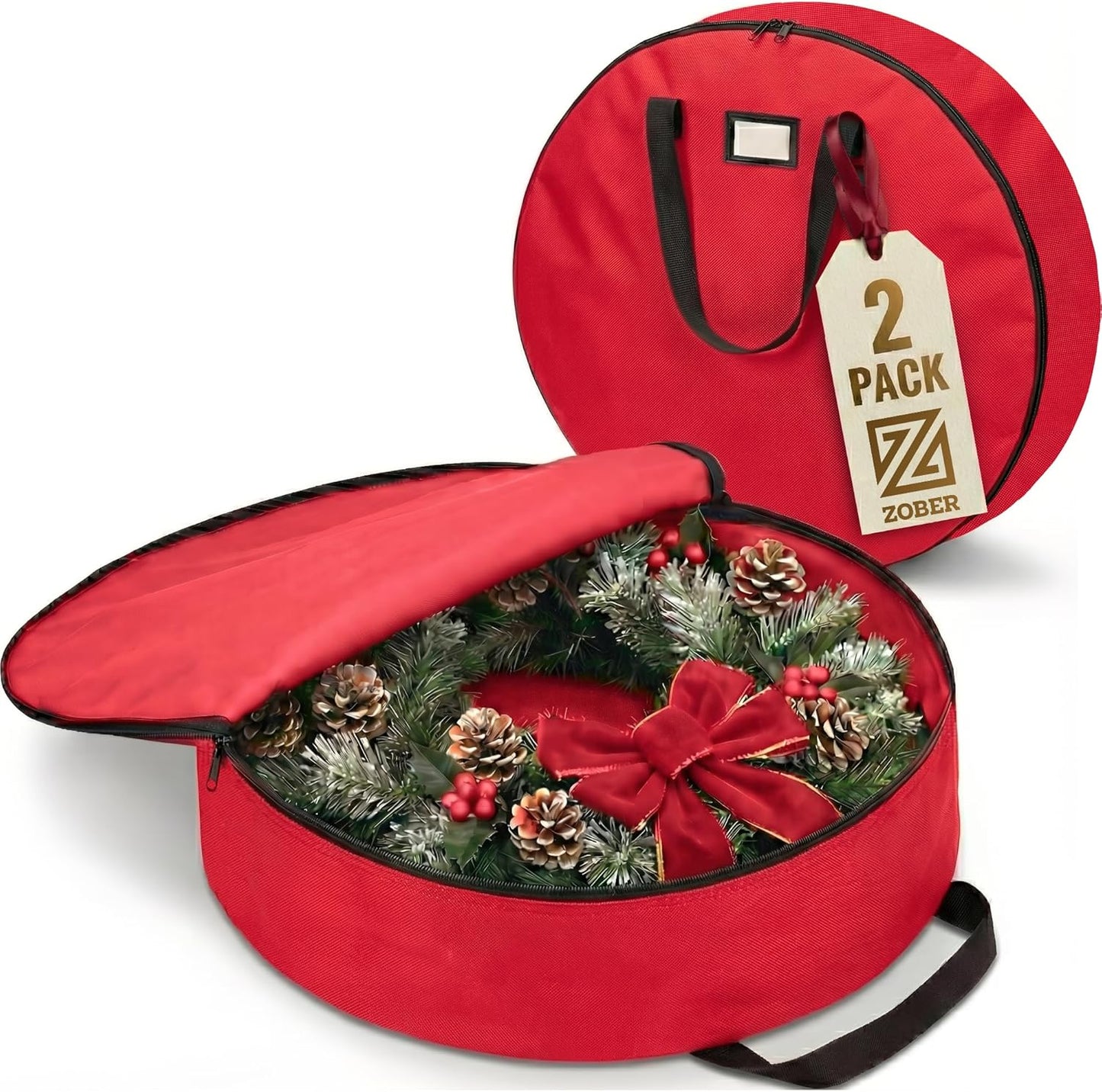 ZOBER Christmas Wreath Storage Bag - Waterproof 24 Inch Oxford Container with Dual Zippers & Strong Handles - Red