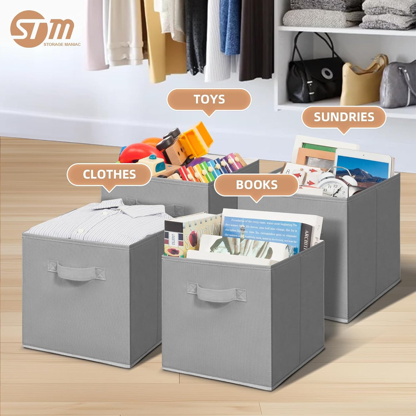 **Storage Maniac Storage Cubes - 11-Inch Collapsible Fabric Bins with Handles | 10-Pack Grey for Organized Spaces**