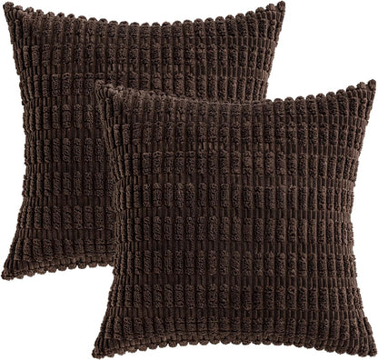 MIULEE Corduroy Throw Pillow Covers - Soft Boho Striped Design | 18x18 Inch Dark Brown Decor for Sofa & Bed