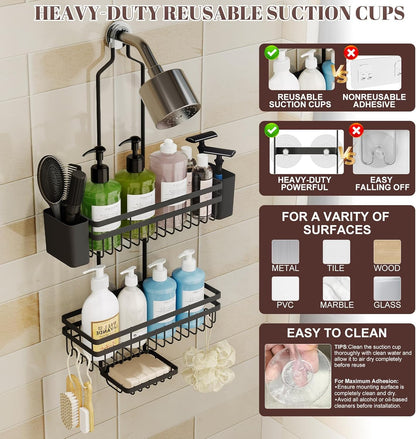 Shower Caddy - 3 Tier Adjustable Bathroom Organizer with Heavy-Duty Suction Cups | Rustproof Black