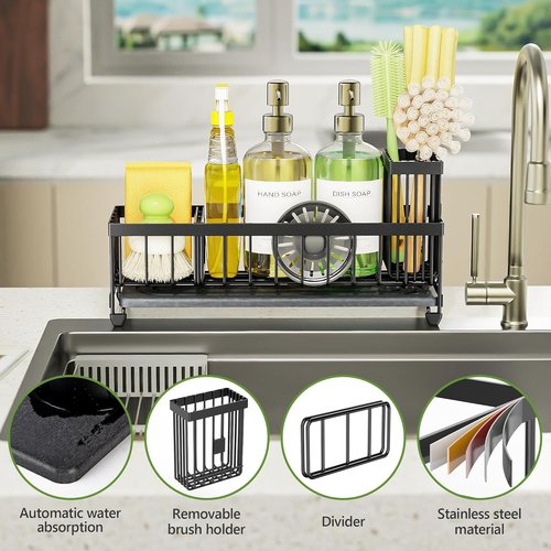 Cisily Extra Large Sink Caddy Organizer - Black Sponge & Dish Brush Holder for Kitchen Essentials