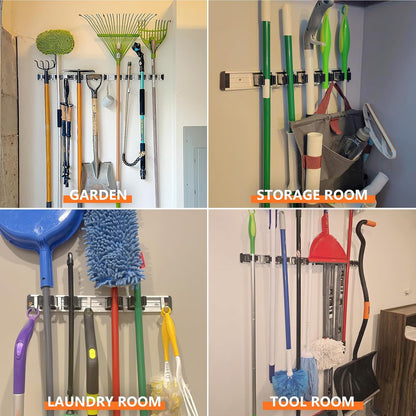Reliahom Broom Holder Wall Mount - 2 Pack with 5 Racks & 4 Hooks | Black Tool Organizer for Garage, Kitchen, Garden, Laundry Room