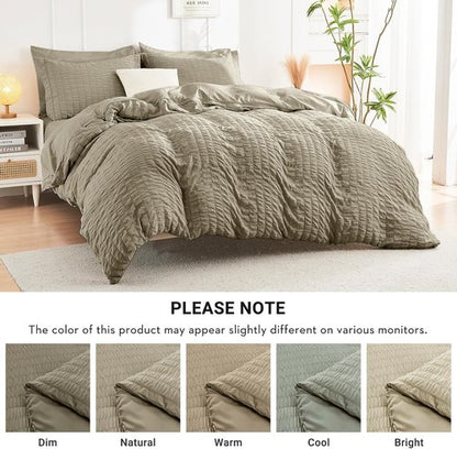 HYMOKEGE Queen Comforter Set - 7-Piece Luxury Linen Bedding Set with Seersucker Design | All-Season Comfort