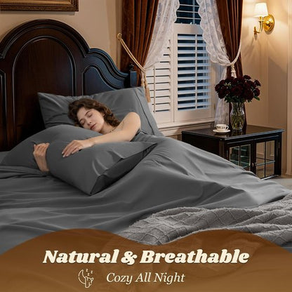 LBRO2M 100% Cotton Queen Size Sheet Set - 1000 Thread Count Deep Pocket Bedding in Dark Grey