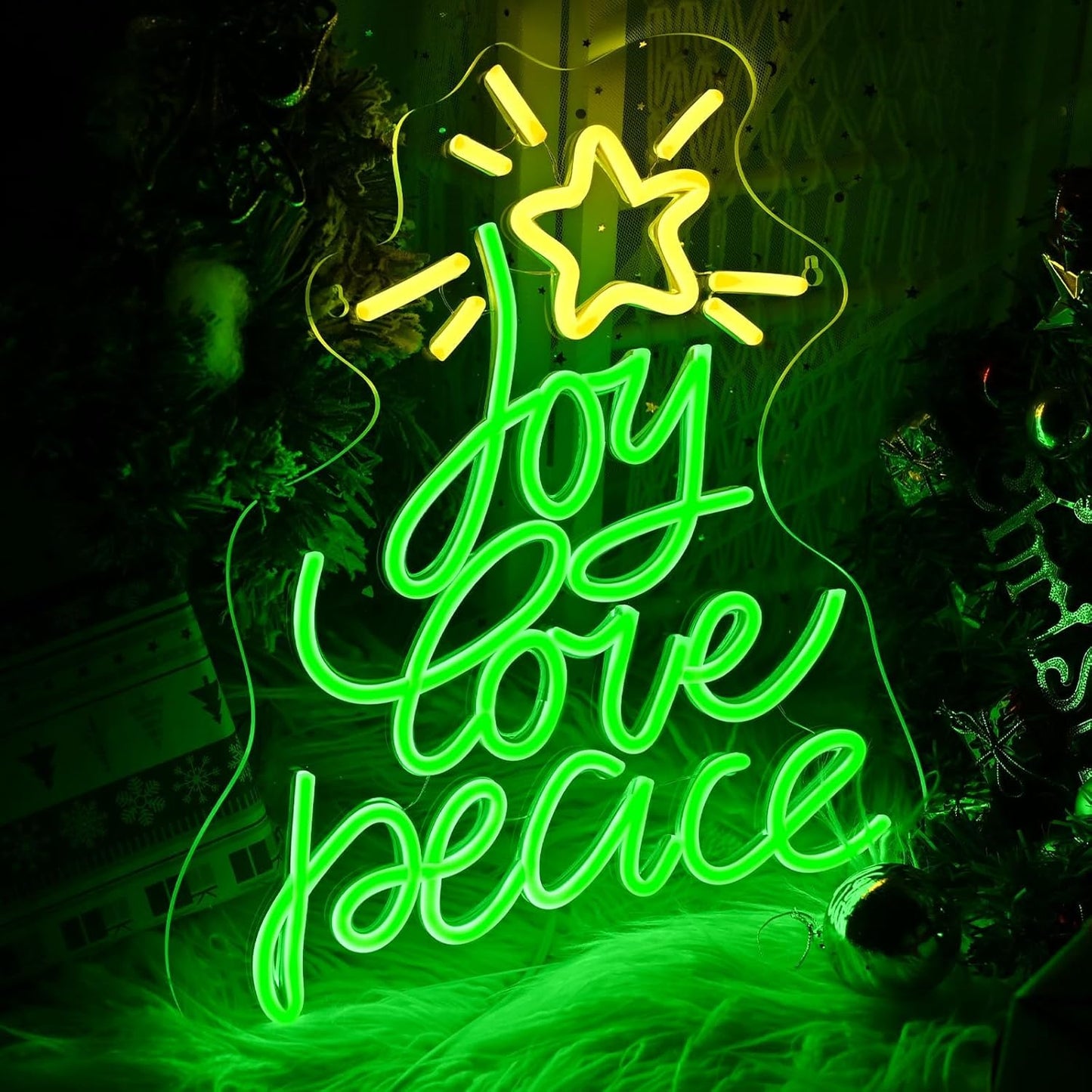 Neon Sign by Christmas Tree - USB Powered LED Light for Wall Decor | Peace, Love, Joy Design