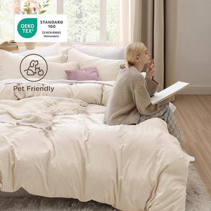 Bedsure Oat Milk Duvet Cover Set - Full Size 3-Piece Extra Soft Cotton-Like Polyester Bedding, 80x90 Inches