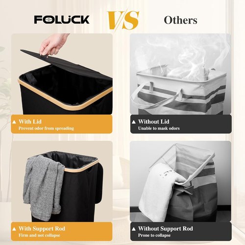 Foluck Large Laundry Hamper - 100L Waterproof Basket with Lid & Removable Bag | Collapsible Design, Black