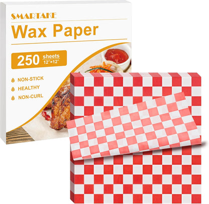 SMARTAKE 12 x 12 Inch Non-Stick Wax Paper | 250 Pcs Hamburger Patty & Sandwich Separators - Red Plaid