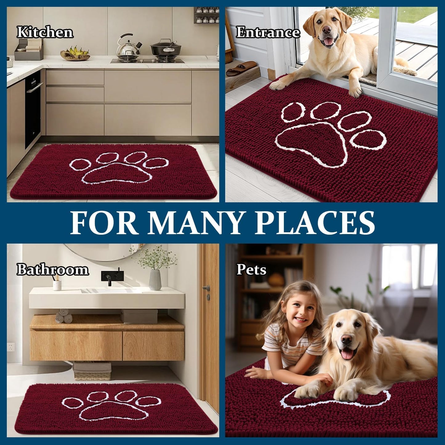 OLANLY Dog Door Mat - Absorbent Non-Slip Muddy Paws Design | Quick-Dry Chenille 70x46, Burgundy