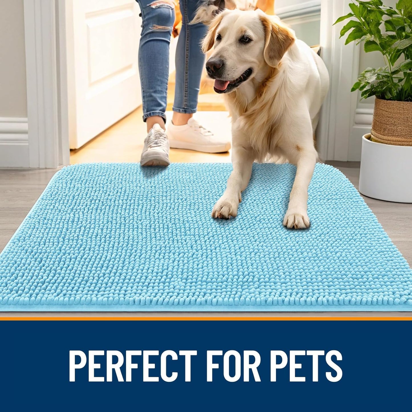 OLANLY Dog Door Mat - Absorbent Non-Slip Washable Chenille Mat for Muddy Paws | 36x24, Blue