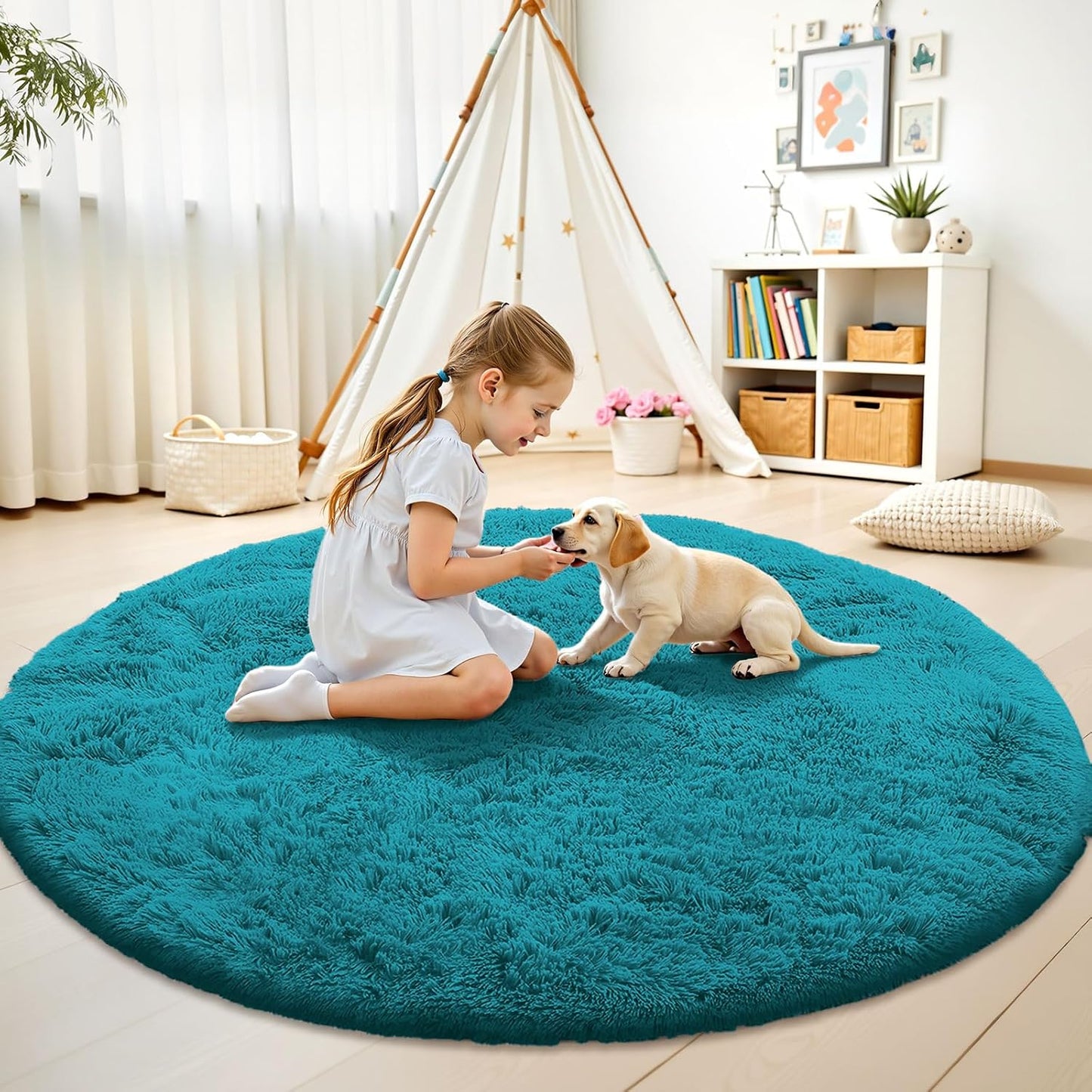 OLANLY Teal Round Area Rug - Soft, Fluffy, Machine Washable 7 ft Circle Carpet for Bedroom & Living Room