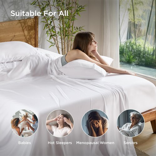 Bedsure Queen Sheet Set, Cooling Sheets for Queen Size Bed Set, Rayon Derived from Bamboo, PureWoven, Breathable & Soft, Deep Pocket Up to 16 Inches, Hotel Luxury Silky Bedding for Hot Sleepers, White