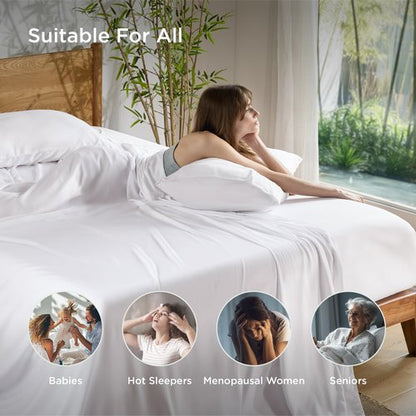 Bedsure Queen Sheet Set, Cooling Sheets for Queen Size Bed Set, Rayon Derived from Bamboo, PureWoven, Breathable & Soft, Deep Pocket Up to 16 Inches, Hotel Luxury Silky Bedding for Hot Sleepers, White