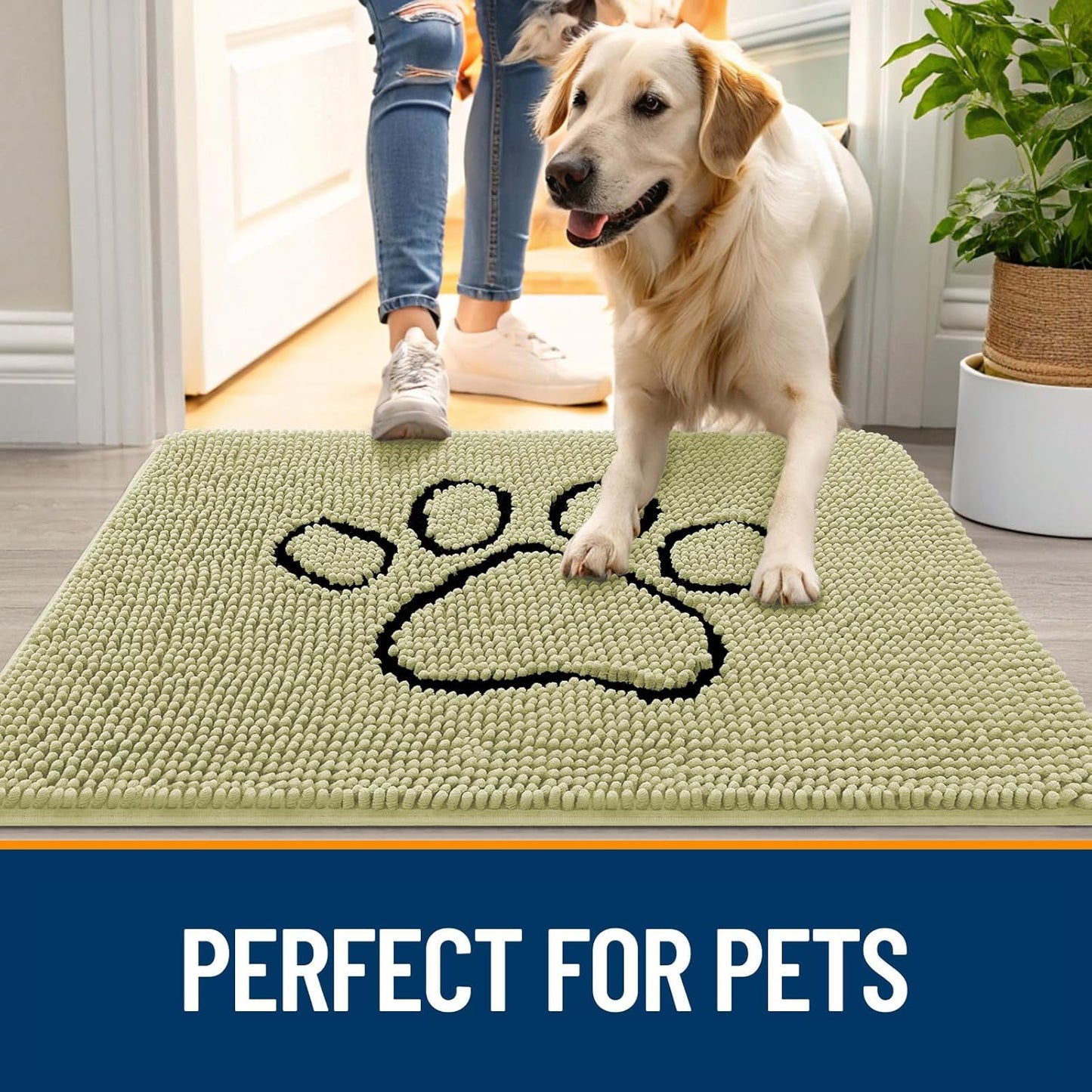 OLANLY Dog Door Mat - Absorbent Non-Slip Mud Mat for Muddy Paws | 36x24 Paw Print Design in Vanilla