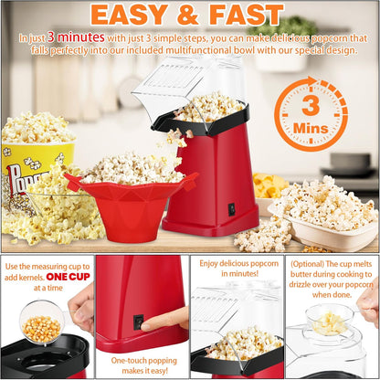 Skiennix Hot Air Popcorn Popper - Fast 1200W Machine with Bowl & Butter Tray for Kids Parties
