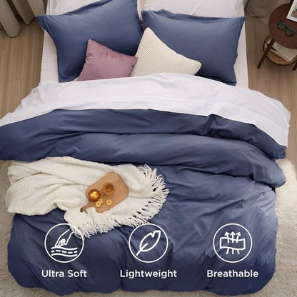Bedsure Navy Blue Duvet Cover Set | Soft Prewashed Cotton-Like Polyester - Queen Size 3 Pieces (90x90 inches)