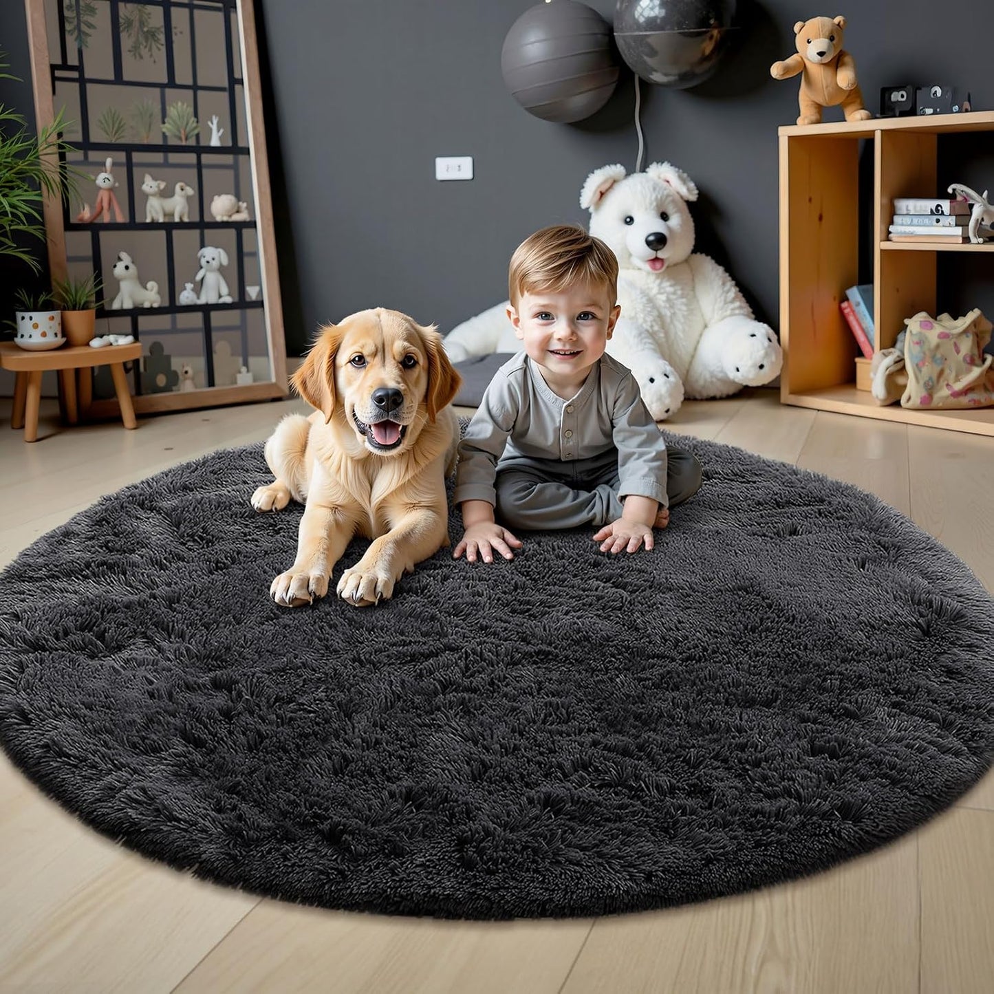 OLANLY Black Round Rug - Soft & Fluffy Machine Washable 6 ft Circle Area Rug for Bedroom & Living Room
