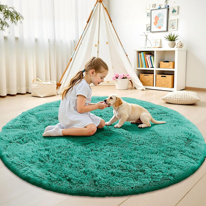 OLANLY Teal Green Round Rug - Soft, Fluffy Shaggy Carpet | 5 ft Machine Washable Area Rug for Bedrooms & Nurseries