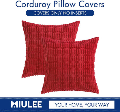 MIULEE Euro Sham Pillow Covers - Pack of 2 Red Corduroy, 24x24 Inch Soft Boho Striped Decor for Sofa & Bed