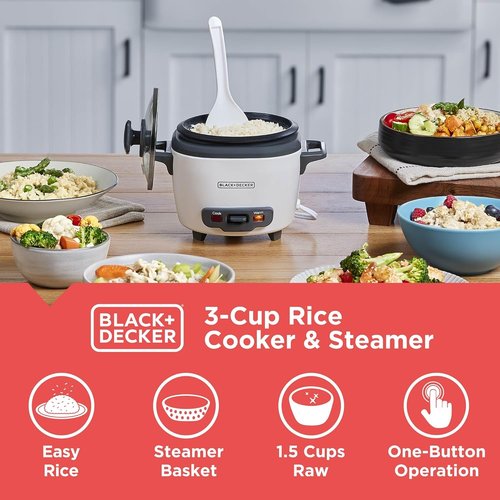 BLACK+DECKER 3-Cup Rice Cooker - One-Touch Operation, Removable Non-Stick Bowl, White Finish