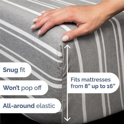 Skiennix Twin XL Sheet Set - Comfy Breathable Cooling Bedding - Hotel Luxury Grey Stripes - Deep Pockets, Wrinkle-Free