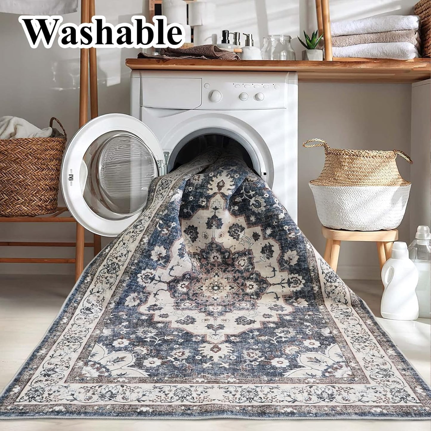 Skiennix Washable Area Rug - 9 x 12 Stain Resistant Medallion Design | Soft Non-Shedding Carpet for Indoor/Outdoor Use (Blue)