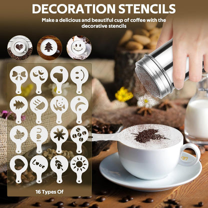 Skiennix Powdered Sugar Shaker Set - Stainless Steel Duster with 16 Coffee Stencils for Baking & Coffee
