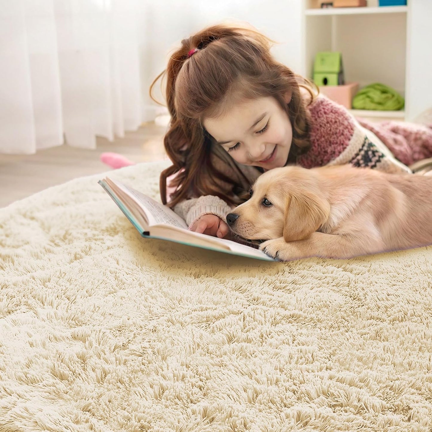 OLANLY Cream Round Area Rug - Soft, Fluffy, Machine Washable 4 ft Circle Carpet for Bedroom & Nursery Decor