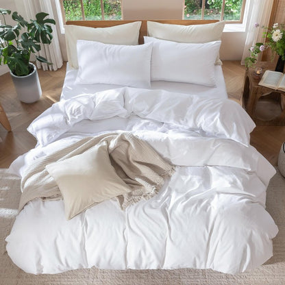 MooMee Bedding Duvet Cover Set 100% Washed Cotton Linen Like Textured Breathable Durable Soft Comfy (Solid Bright White, Queen 90"x90")