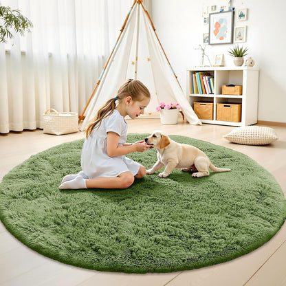 OLANLY Green Round Area Rug - Soft, Fluffy Shaggy Carpet | 6 ft Machine Washable for Bedroom & Living Room