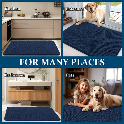 OLANLY Dog Door Mat - Absorbent Non-Slip Chenille Mat for Muddy Paws | 59x35 Dark Blue Indoor Carpet