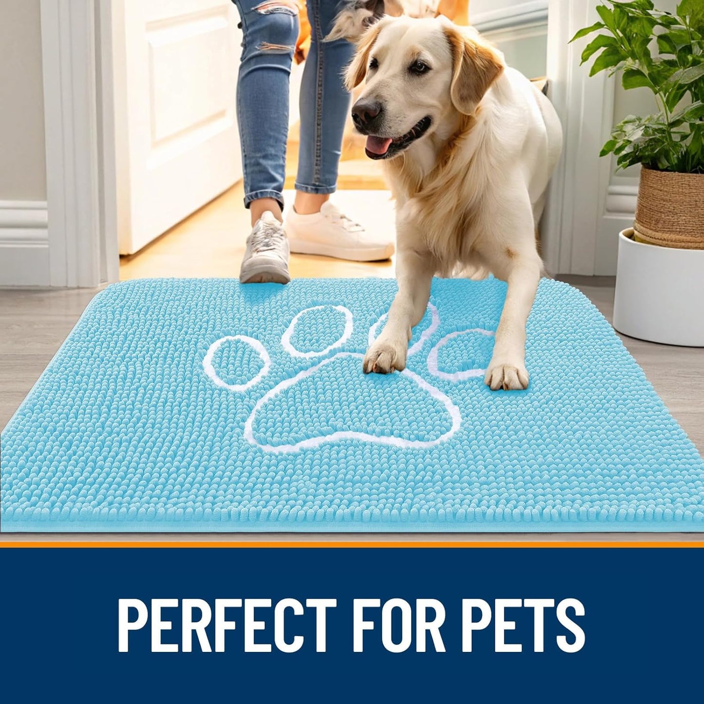 OLANLY Dog Door Mat - Absorbent Non-Slip Mud Mat for Muddy Paws | 40x32 Paw Print Design in Blue