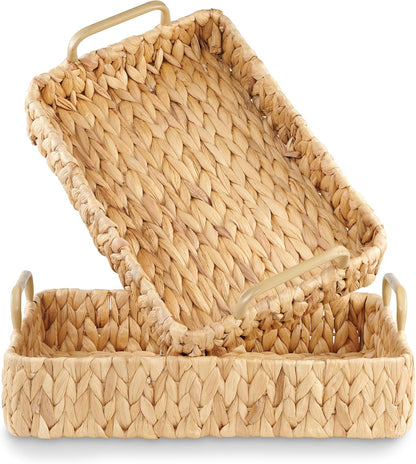 Natural Wicker Trays Set of 2 - Decorative Rectangular Trays with Handles for Coffee Table & Living Room