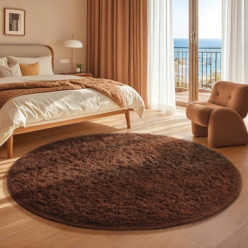 Ophanie Round Rug 4Ft Brown Circle Area Rug, Fluffy Fuzzy Small Bedroom Carpet, Plush Soft Shaggy Floor Living Room Circular Christmas Decor for Kids Boys Girls Home Aesthetic, Nursery, Classroom
