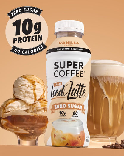 Super Coffee, Ready To Drink Iced Coffee, Vanilla Latte (12 Ounce Bottles, Pack of 12) - Low Net Carbs, No Added Sugar, Keto Friendly, 10g of Protein, Low Calorie, Protein Coffee