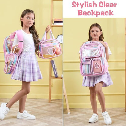 Fimibuke Clear Backpack for Girls - Heavy Duty PVC See-Through Bookbag with Lunch Box & Pencil Case | Pink