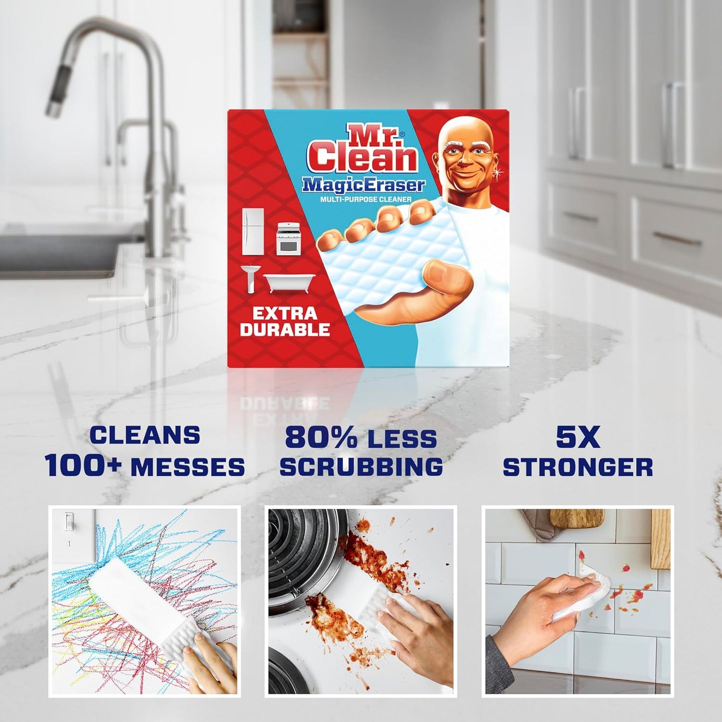 Mr. Clean Magic Eraser Sponge - All-Purpose Cleaning Pads for Kitchen & Bathroom | Extra Durable, 4ct